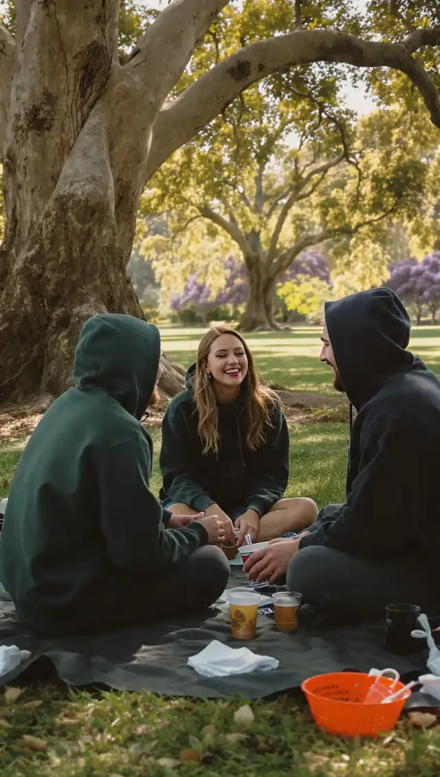 Friends wearing Story Seeker hoodies under Jacarandas in Brisbane, enjoying VIP community rewards at a local city park.