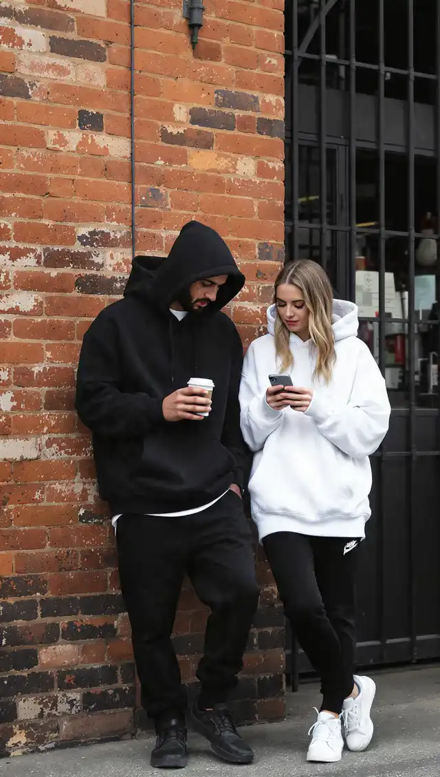 A couple wearing black and white Story Seeker hoodies in Fortitude Valley, Brisbane, discovering secret VIP nightlife access via their Sunny Link™ apparel.