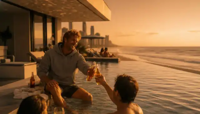 A group of friends enjoying drinks at sunset, showcasing the exclusive social rewards and VIP event access available across all Sunny Link™ collections.
