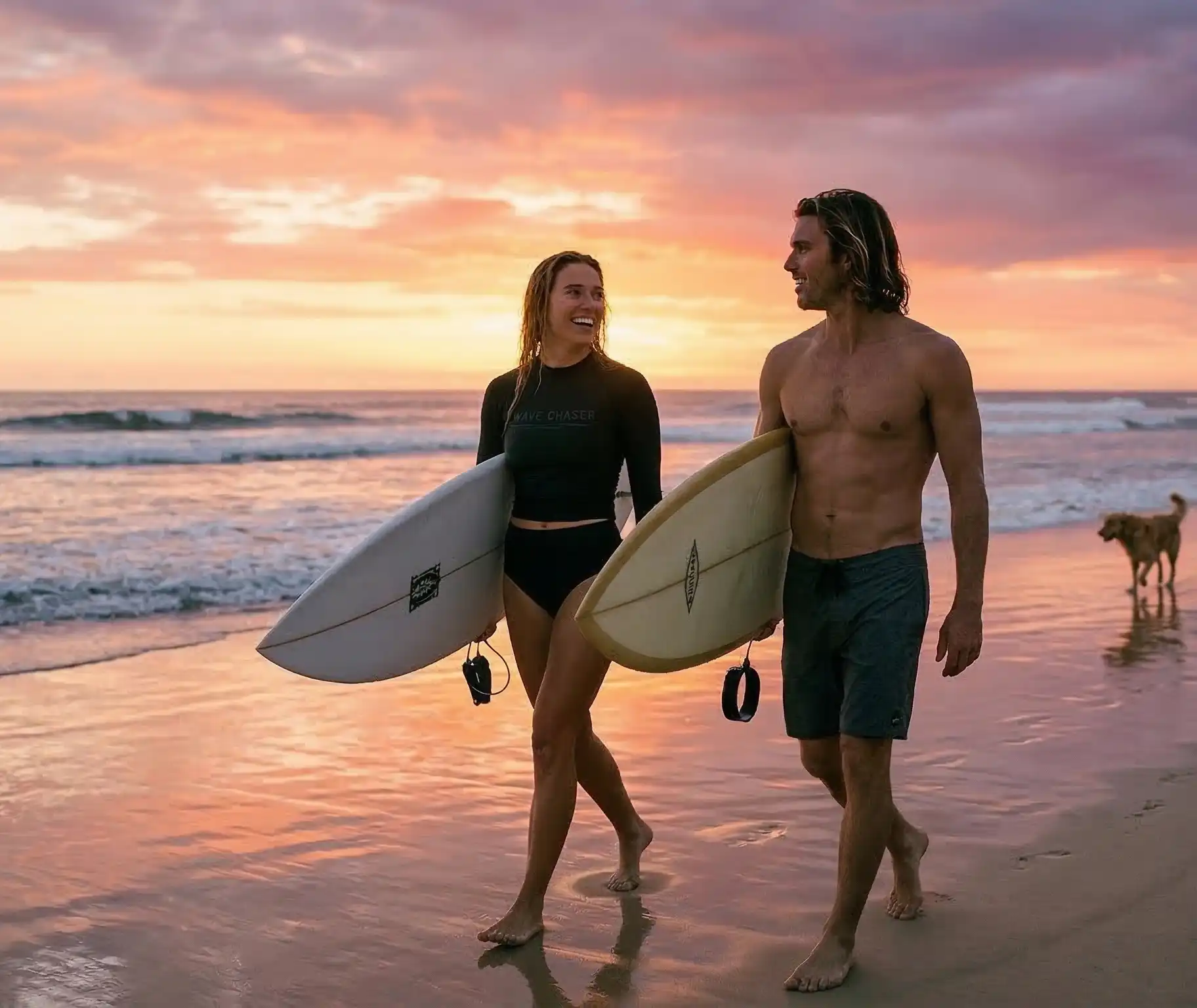 A golden surfing sunset representing the premium coastal lifestyle and souvenir apparel found in the Swell Seeker and Sol Seeker lines.