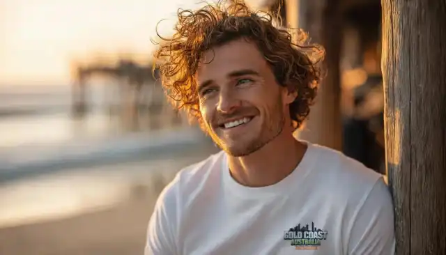 A man wearing a premium Sol Seeker cotton t-shirt on a Noosa beach, representing the relaxed and high-end Sunshine Coast lifestyle.