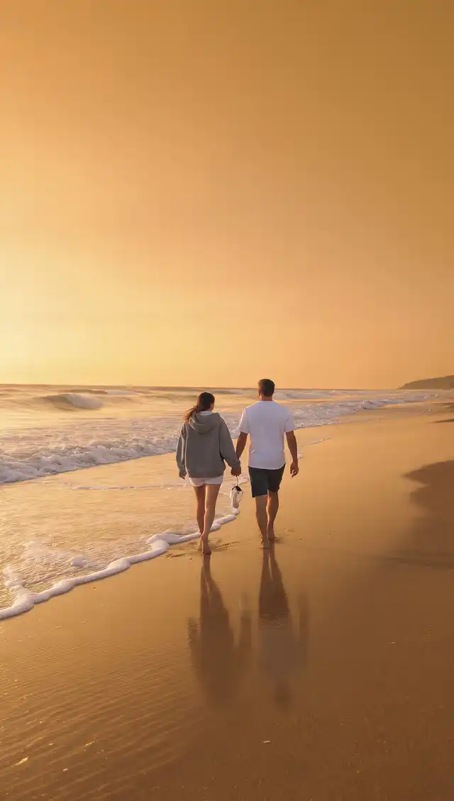 A couple walking on a Sunshine Coast beach at golden hour; the woman wears a grey Sol Seeker hoodie, showcasing effortless coastal style.