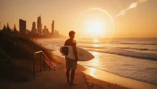 A surfer at sunset; every Sunny purchase funds the tech used by our community-led volunteer network to support local safety.
